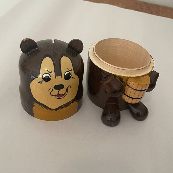 Vintage Hand Painted Wooden Bear Money Bank with Honey Barrel Coin Piggy Bank - Picture 4 of 9